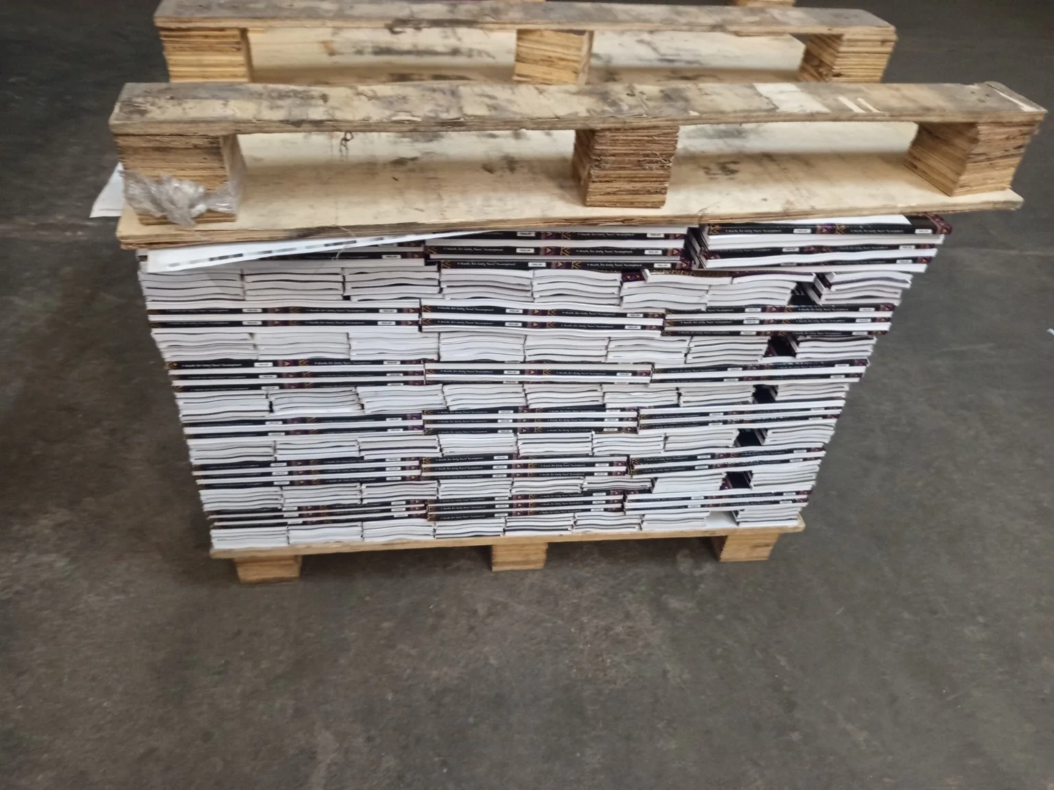Bulk Educational Booklet Printing for School Distribution – Case Study Finished educational booklets stacked between wooden pallets for dispatch preparation