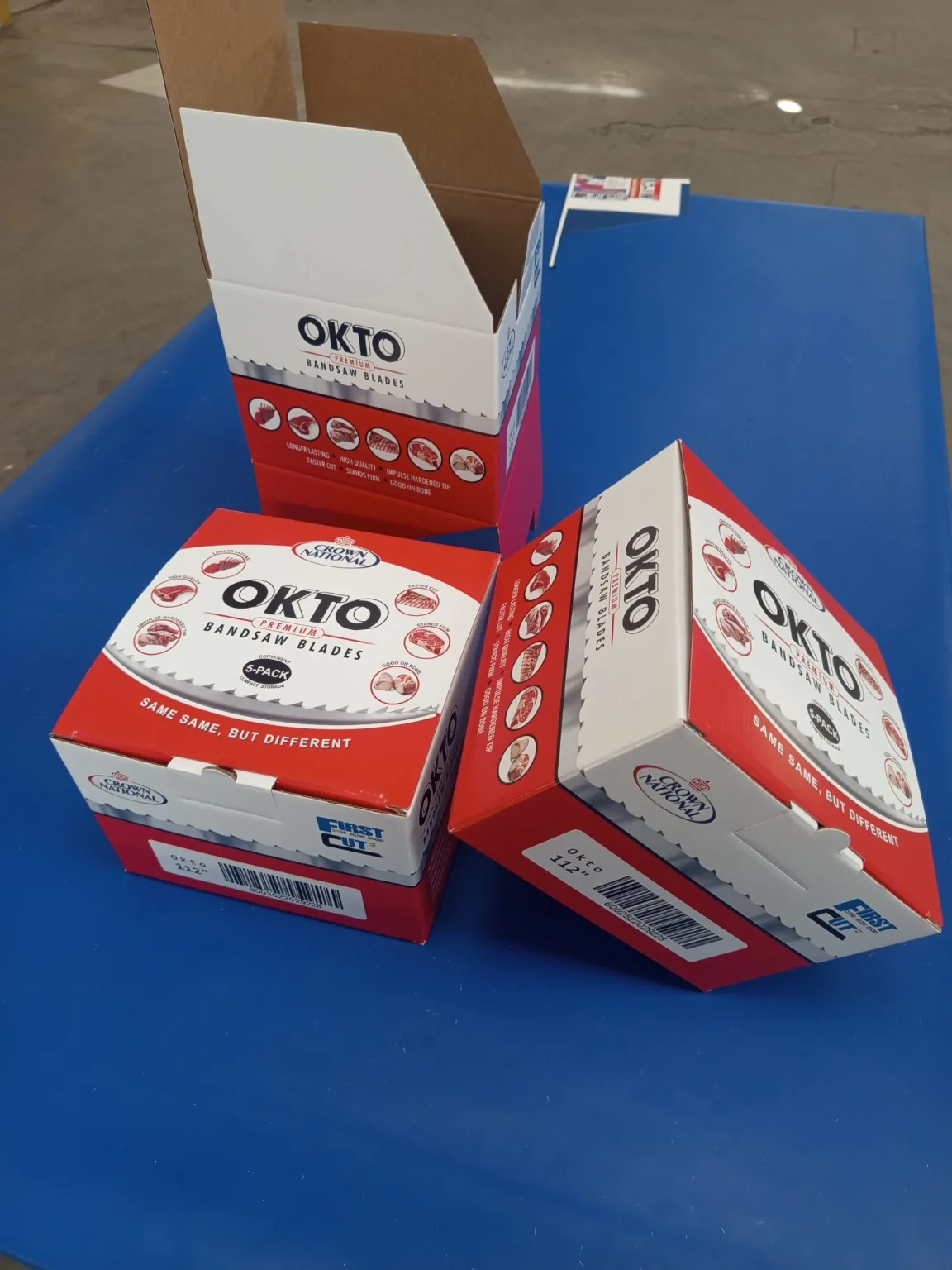 Custom Printed Corrugated Boxes for First Cut – OKTO Premium Bandsaw Blades Finished custom printed OKTO Premium Bandsaw Blades packaging boxes produced for First Cut