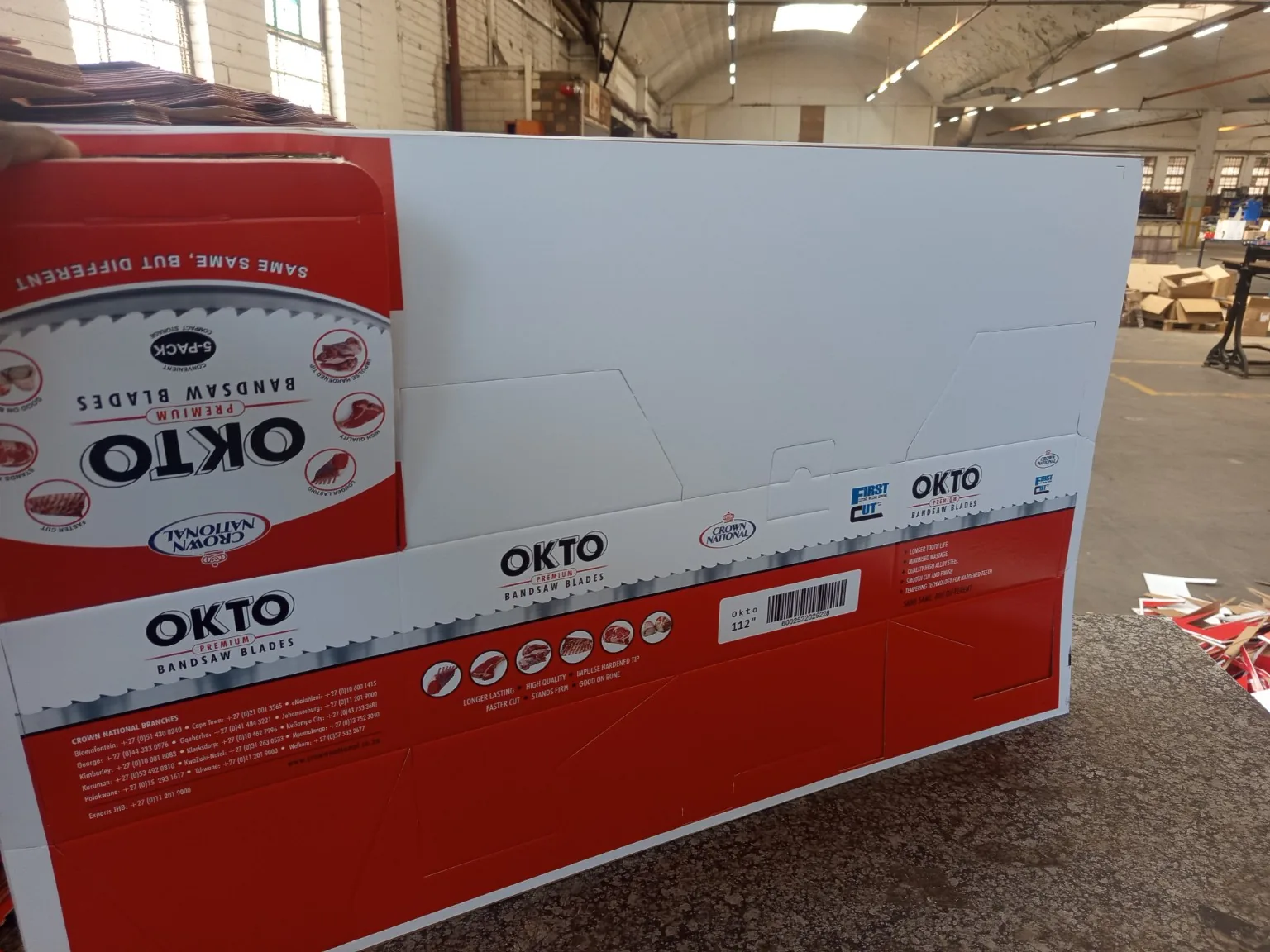 Custom Printed Corrugated Boxes for First Cut – OKTO Premium Bandsaw Blades Custom die cut OKTO E-flute corrugated packaging sheet for bandsaw blade boxes